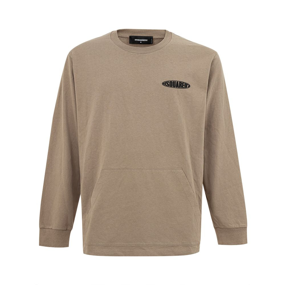 Tan long sleeve sweatshirt with black logo on front