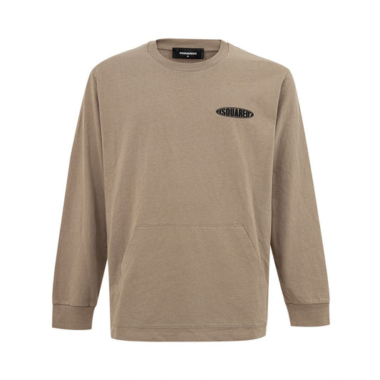 Tan long sleeve sweatshirt with black logo on front