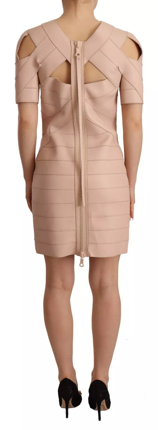 A beige leather open shoulder sheath mini dress with a zippered front