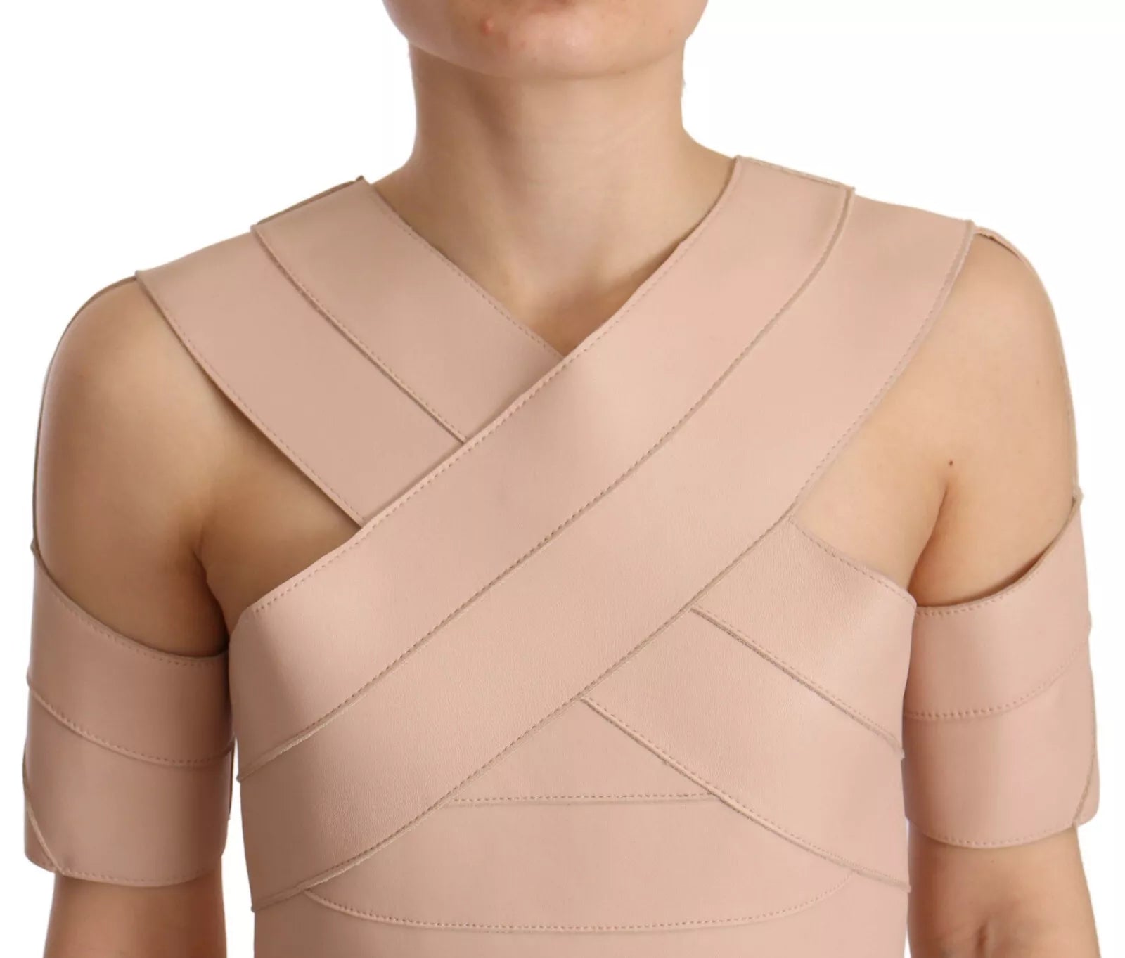 Pink leather shoulder dress with open back design