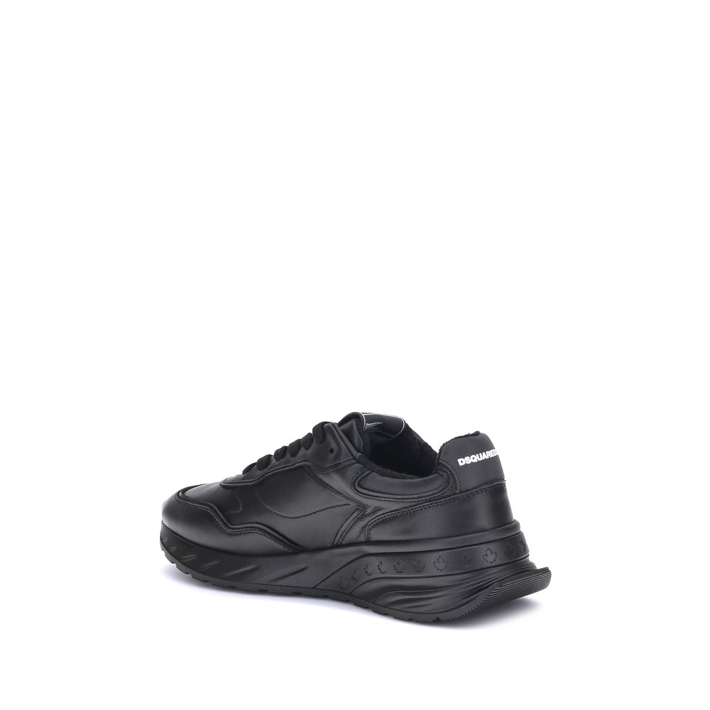 Black calf leather athletic sneakers with white sole and laces, featuring a logo on the side