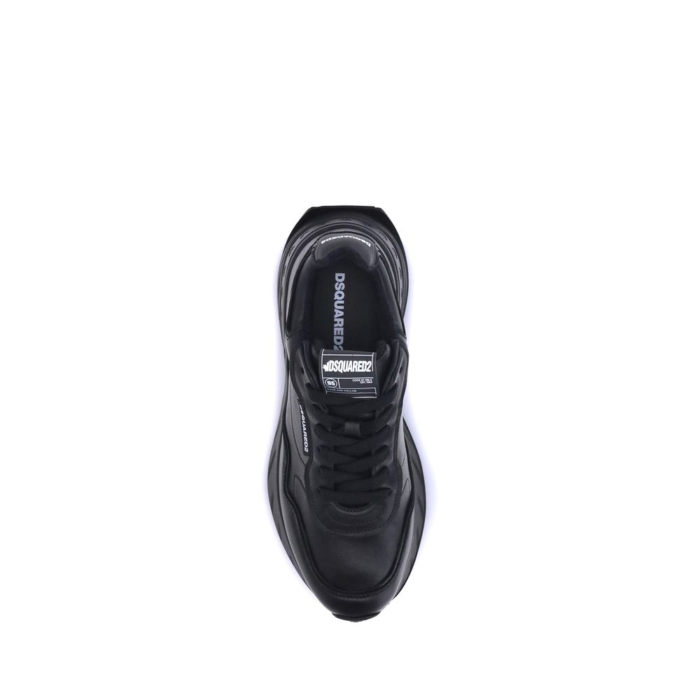 A pair of black calf leather athletic sneakers with white laces and a logo on the side