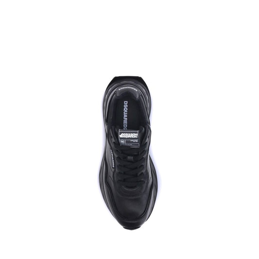 A pair of black calf leather athletic sneakers with white laces and a logo on the side