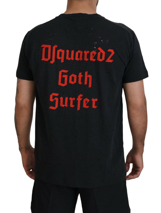 Black t-shirt with red lettering