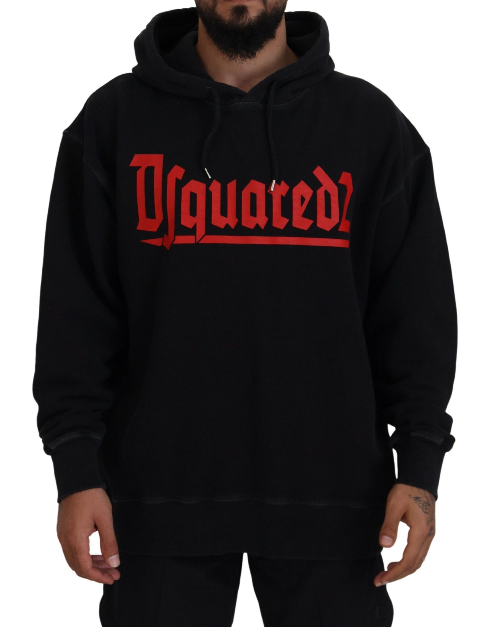 Black hoodie with red lettering