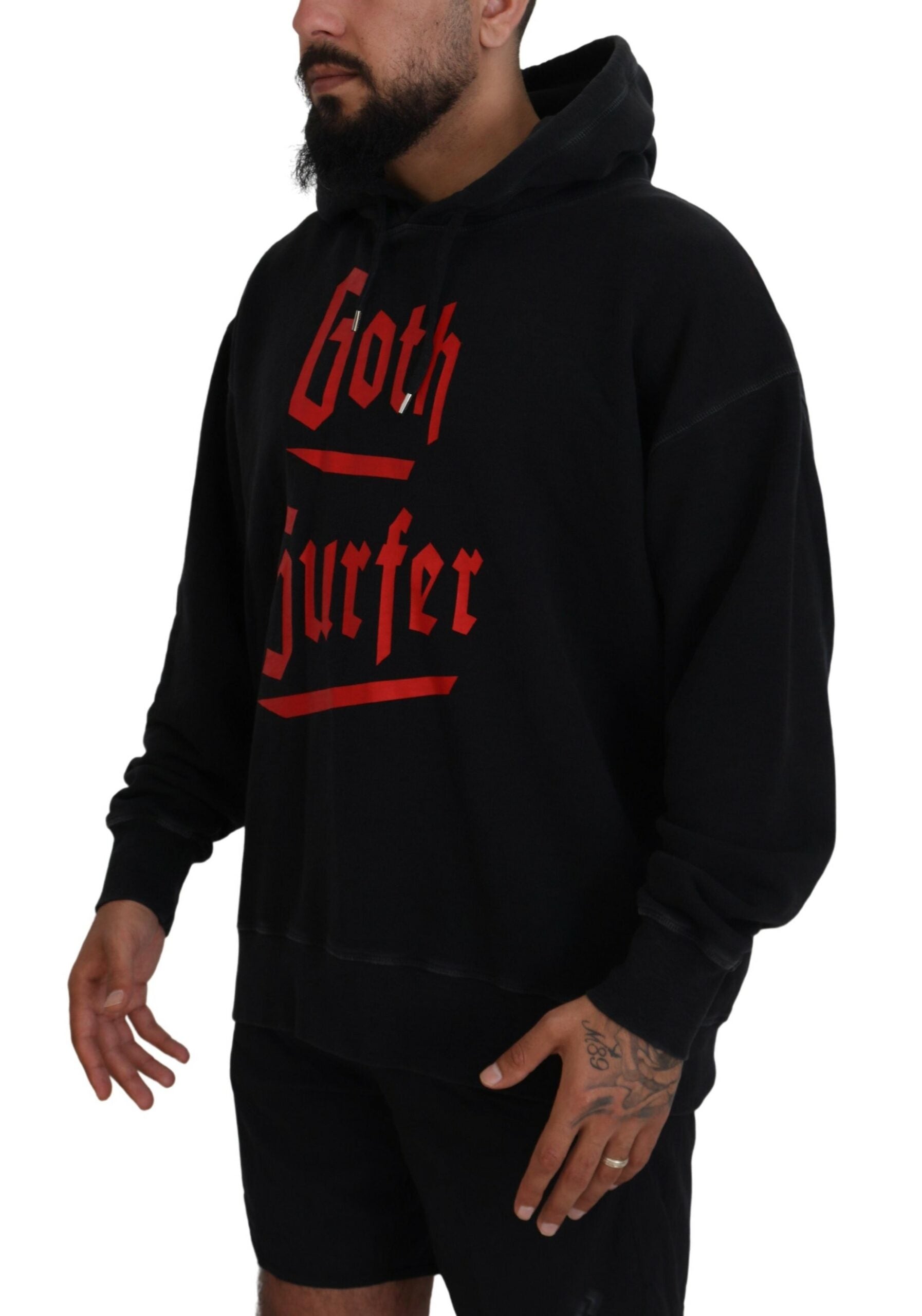 Man wearing black hoodie with red lettering