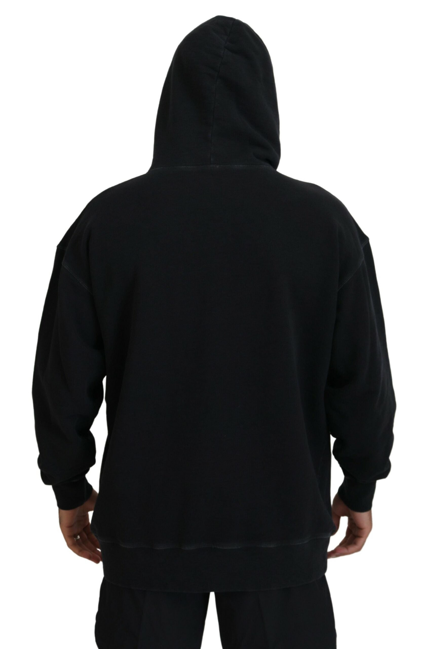 Black hoodie with white stripes on sleeves