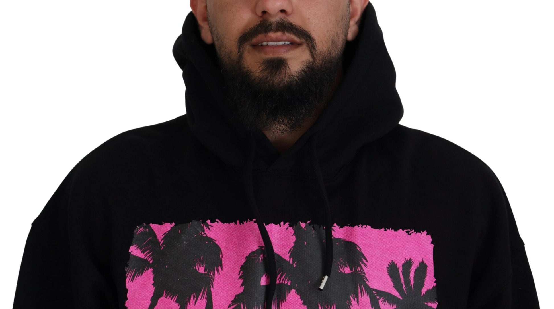 Man wearing black hoodie with pink palm trees design