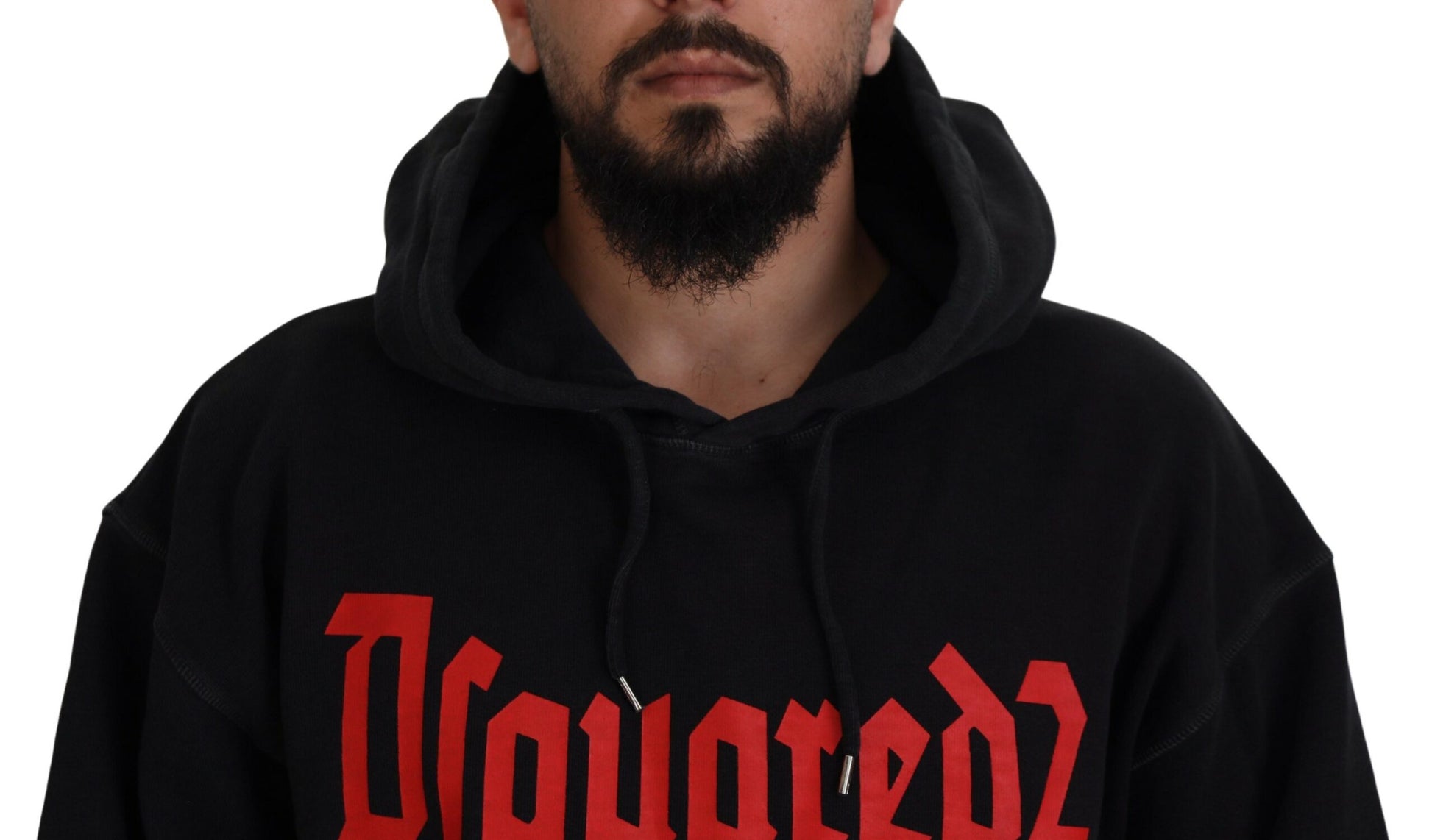 Man wearing black hoodie with red lettering