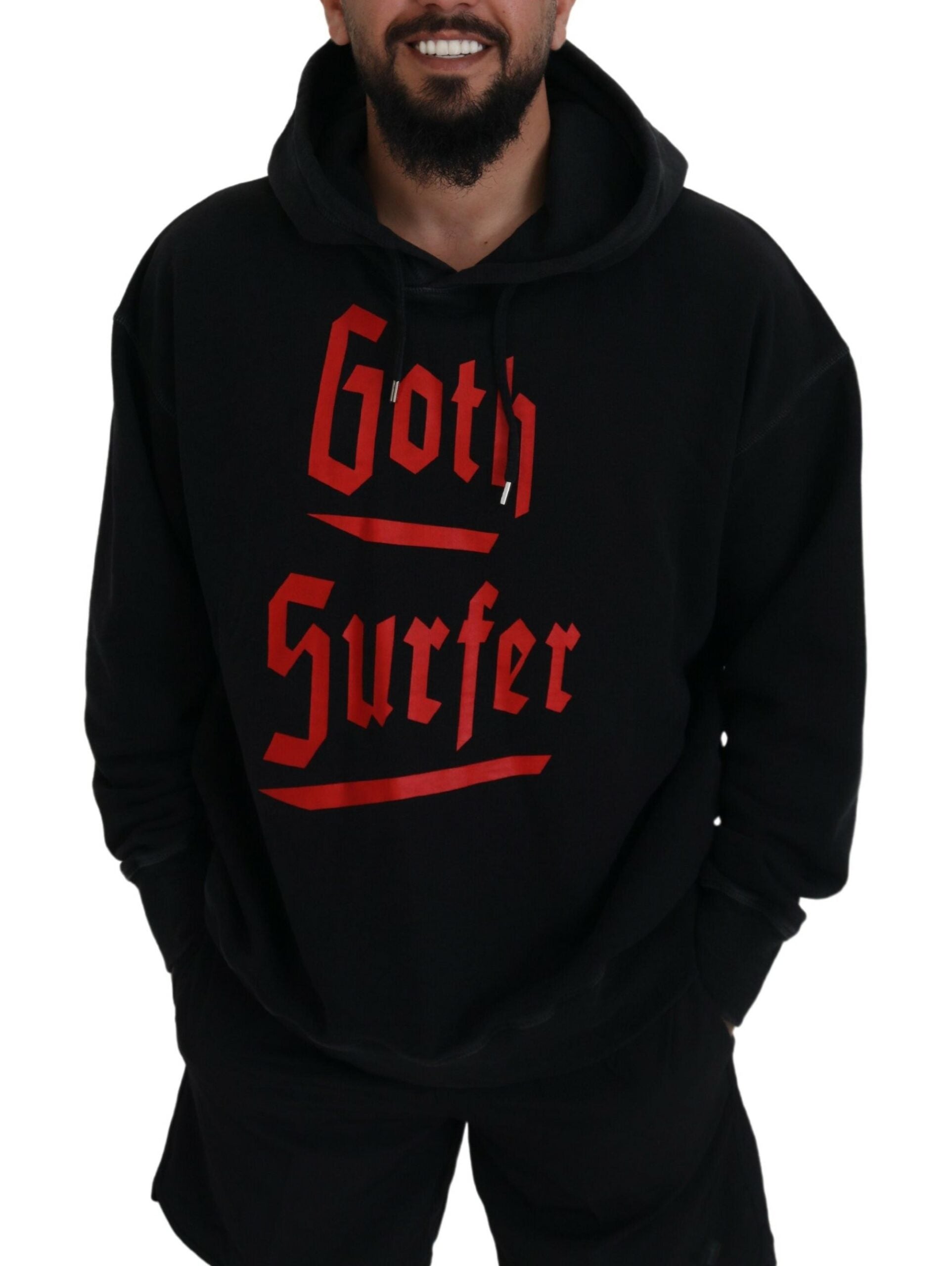 Black hoodie with red lettering