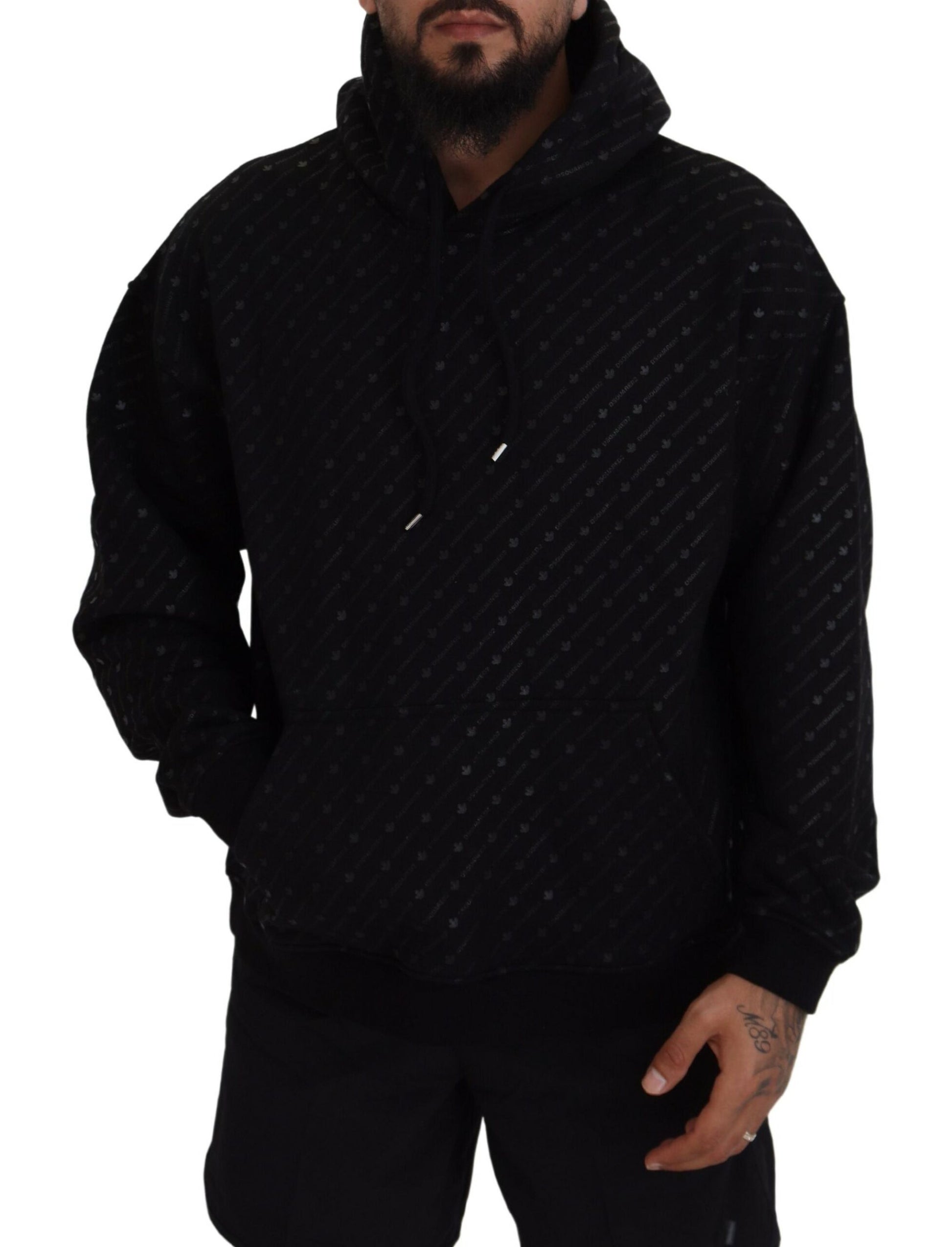 Man wearing black hoodie with white pattern