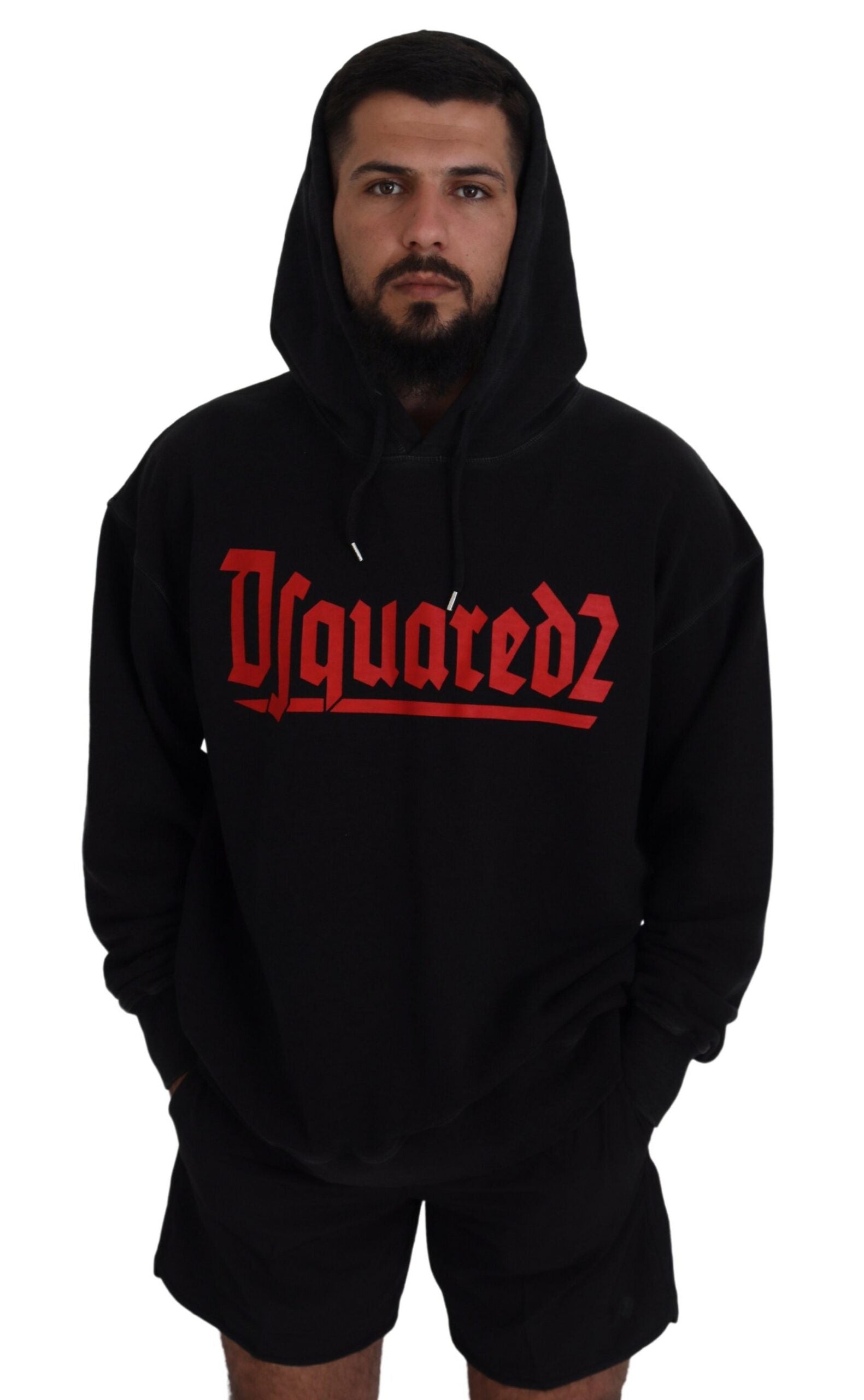 Man wearing black hoodie with red lettering
