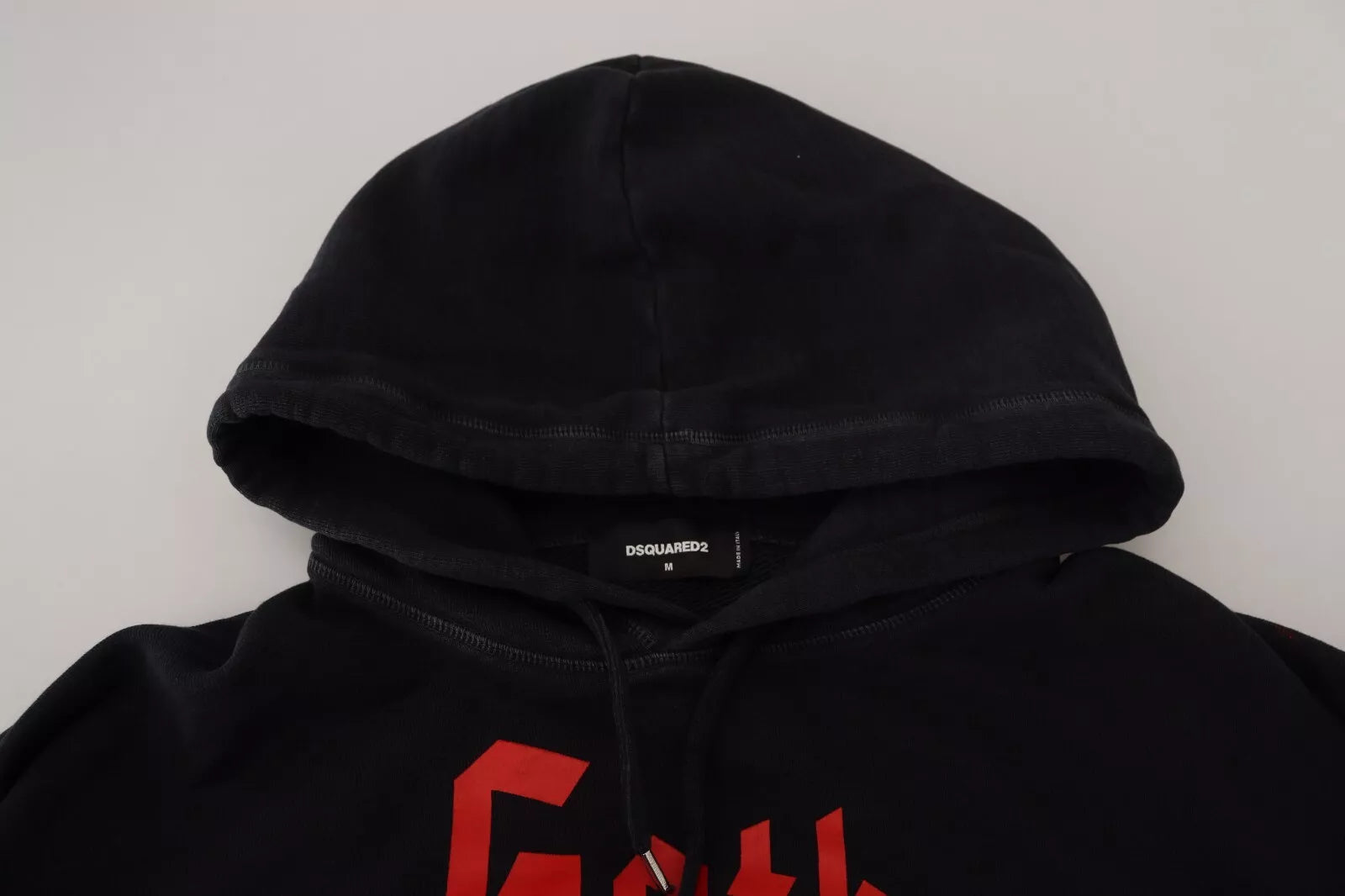 Black hoodie with red logo on front