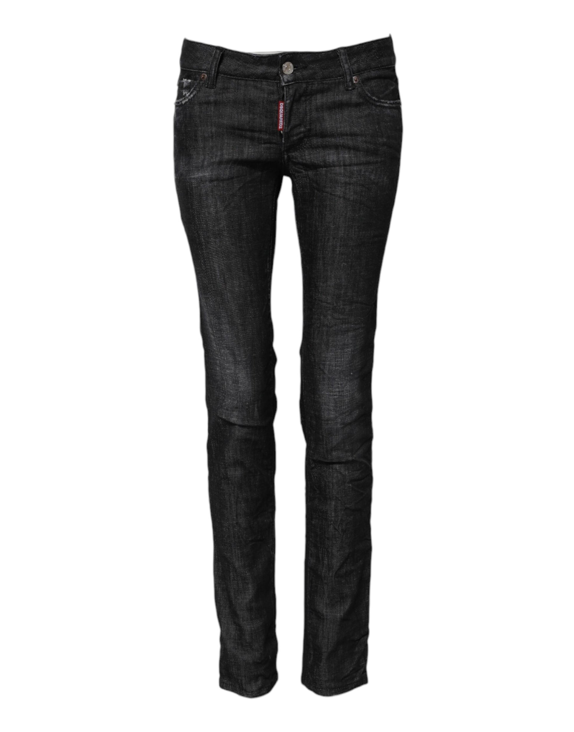 Pair of women's jeans with distressed design and zipper detail on side