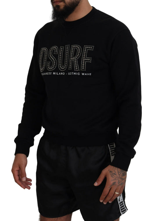 Man wearing black sweatshirt with white lettering and graphic design
