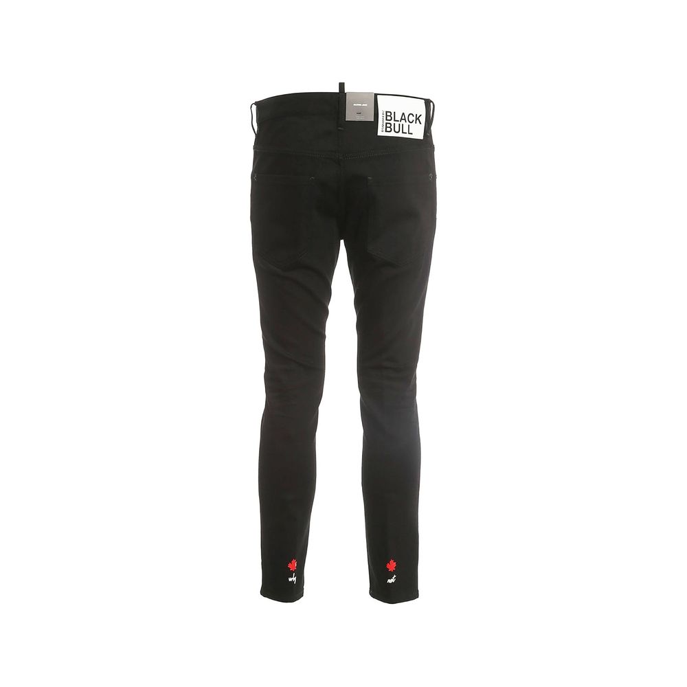 Pair of black jeans with a white label on waistband