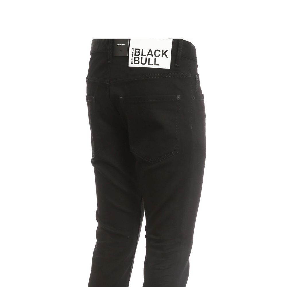 Black denim jeans with a label on the waistband