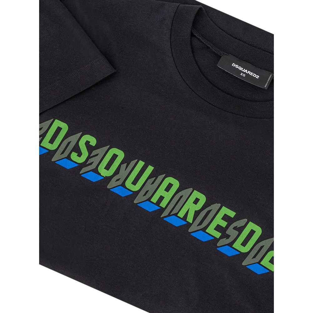 Black t-shirt with green and blue graphic design on front