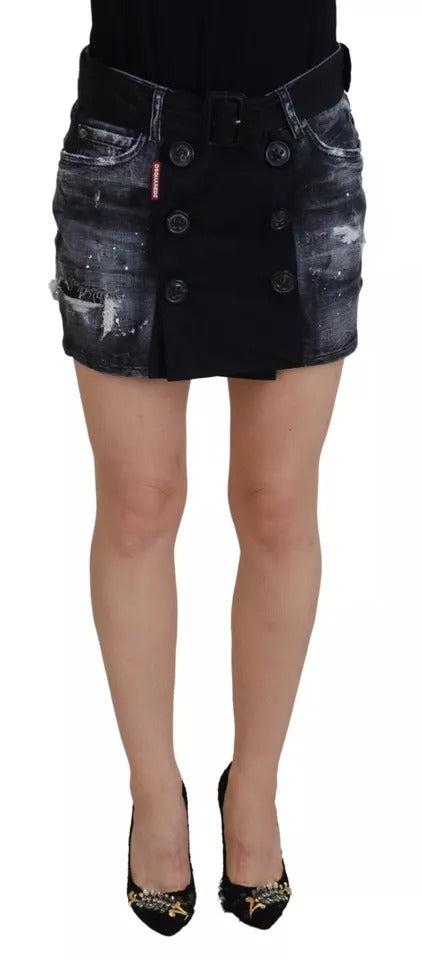 Woman wearing denim skirt and black heels