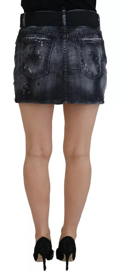 Woman wearing denim skirt and black heels
