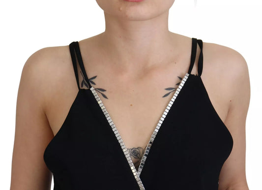 A black sleeveless jumpsuit dress with a V-neckline and embellishments