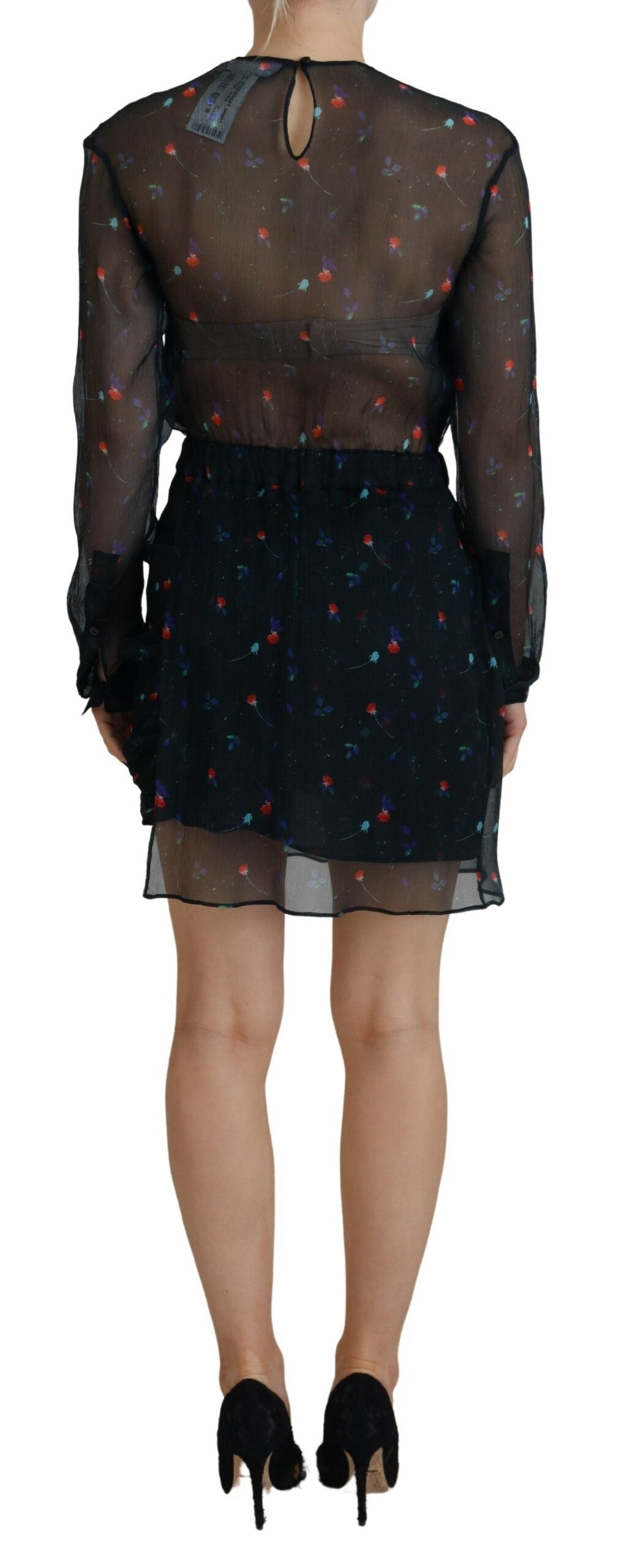 A black sheath dress with floral print and long sleeves, designed by Dsquared²