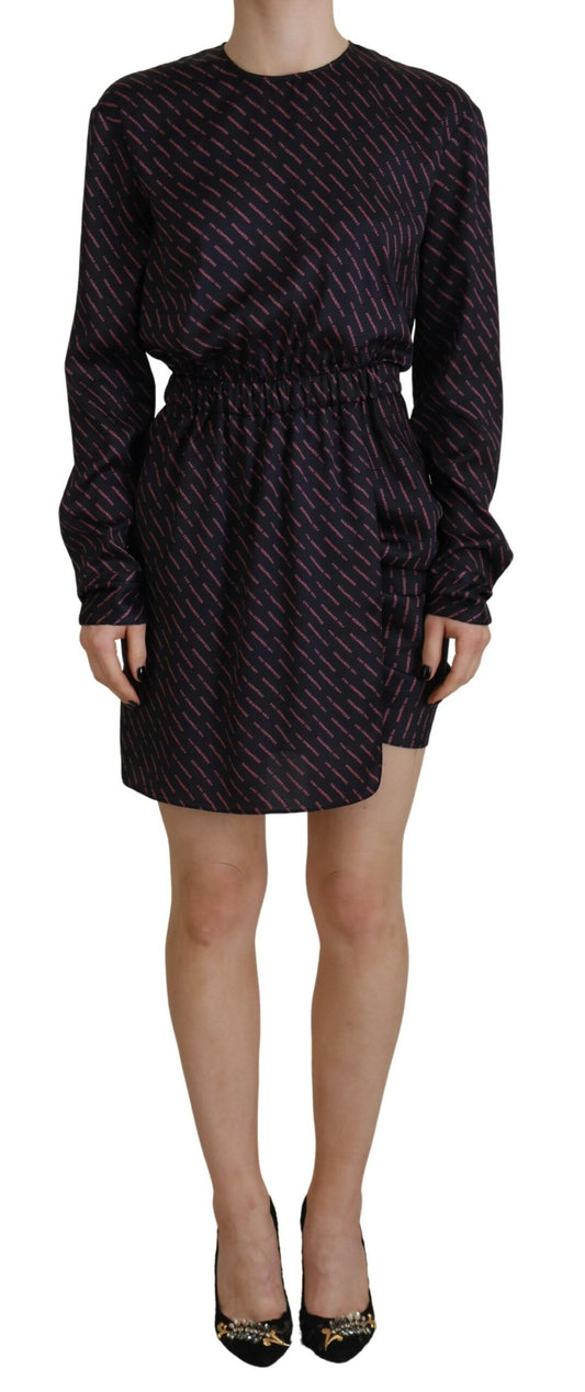 A black dress with a logo print and long sleeves, designed by Dsquared². It features an A-line silhouette and