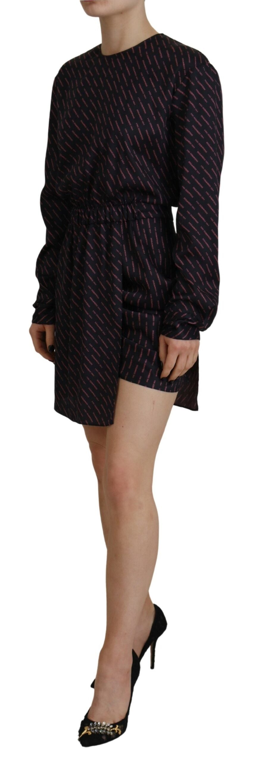 A black dress with a logo print and long sleeves, designed by Dsquared². It has an A-line silhouette and is s