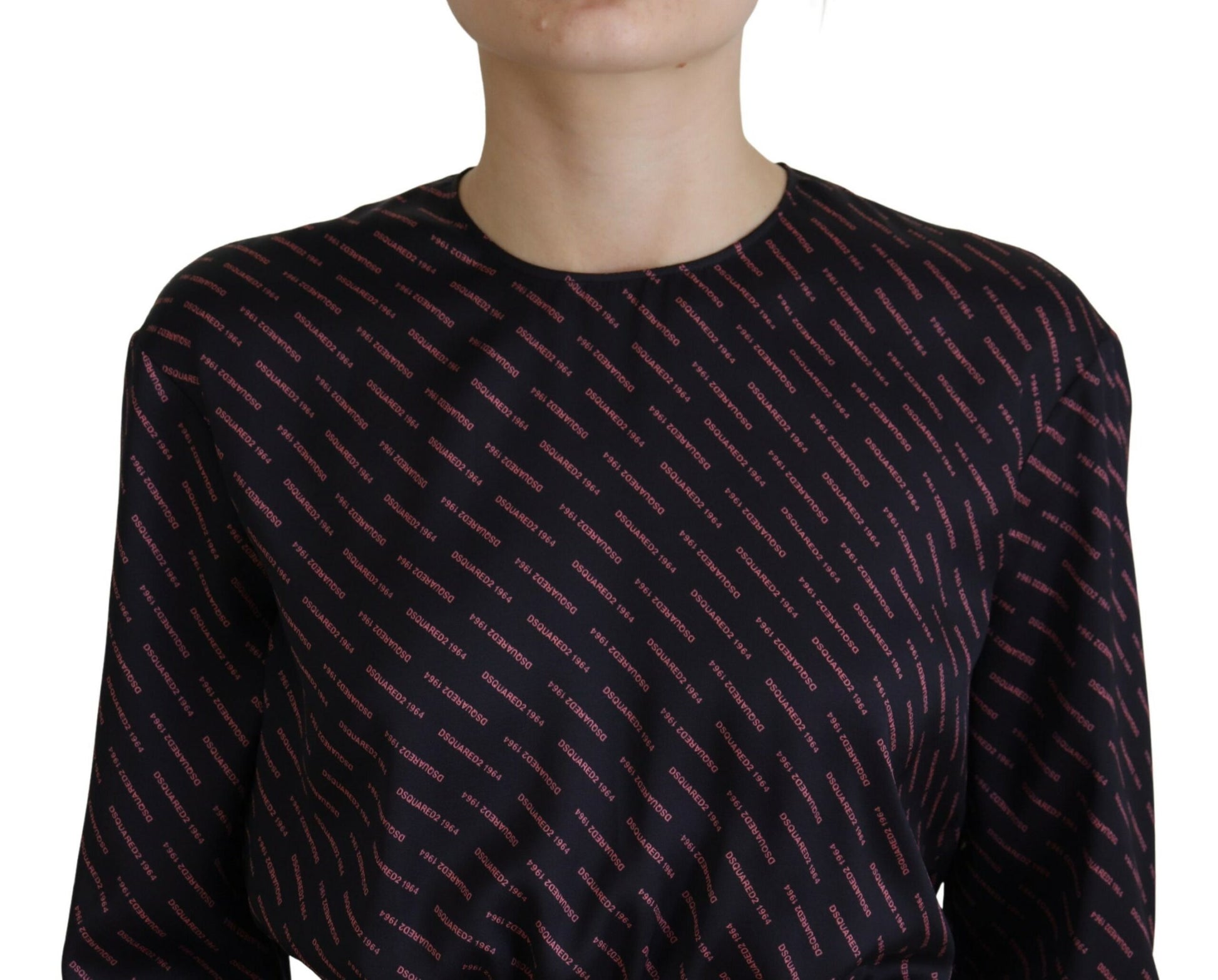 A black dress with red logo print on the front. It has long sleeves and is designed in an A-line style, which