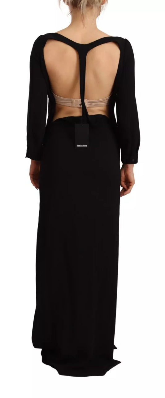 A long black dress with side slits, featuring a deep V-neck and backless design