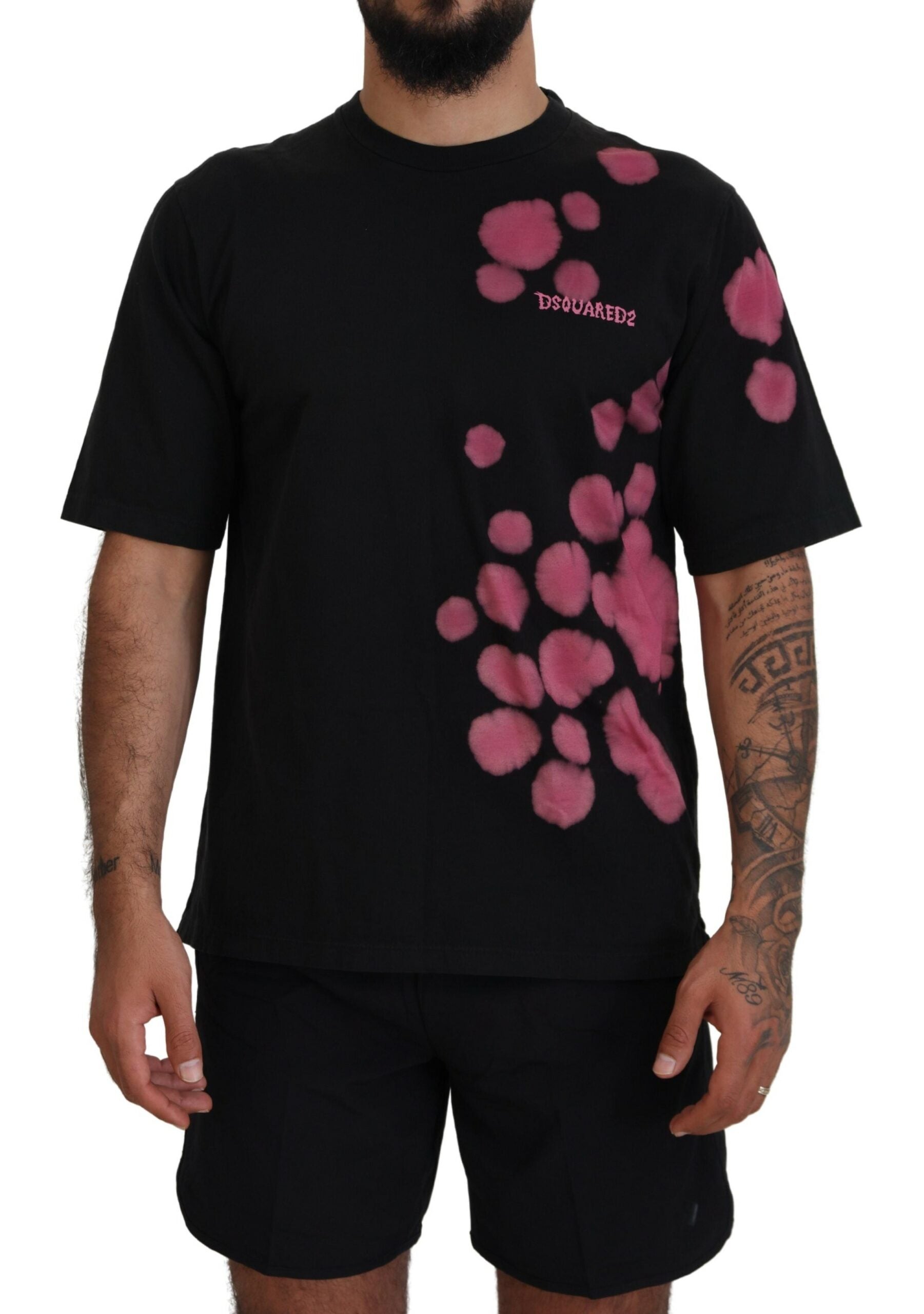 Black t-shirt with pink spots on front