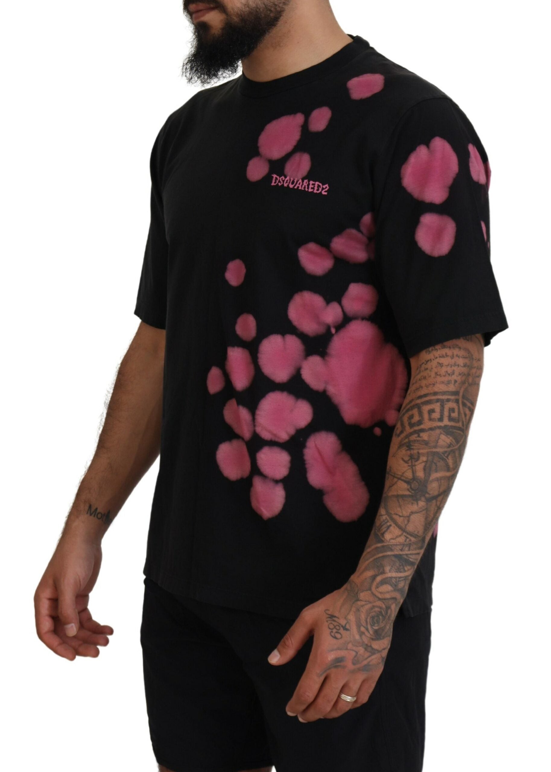 Black t-shirt with pink splatter design