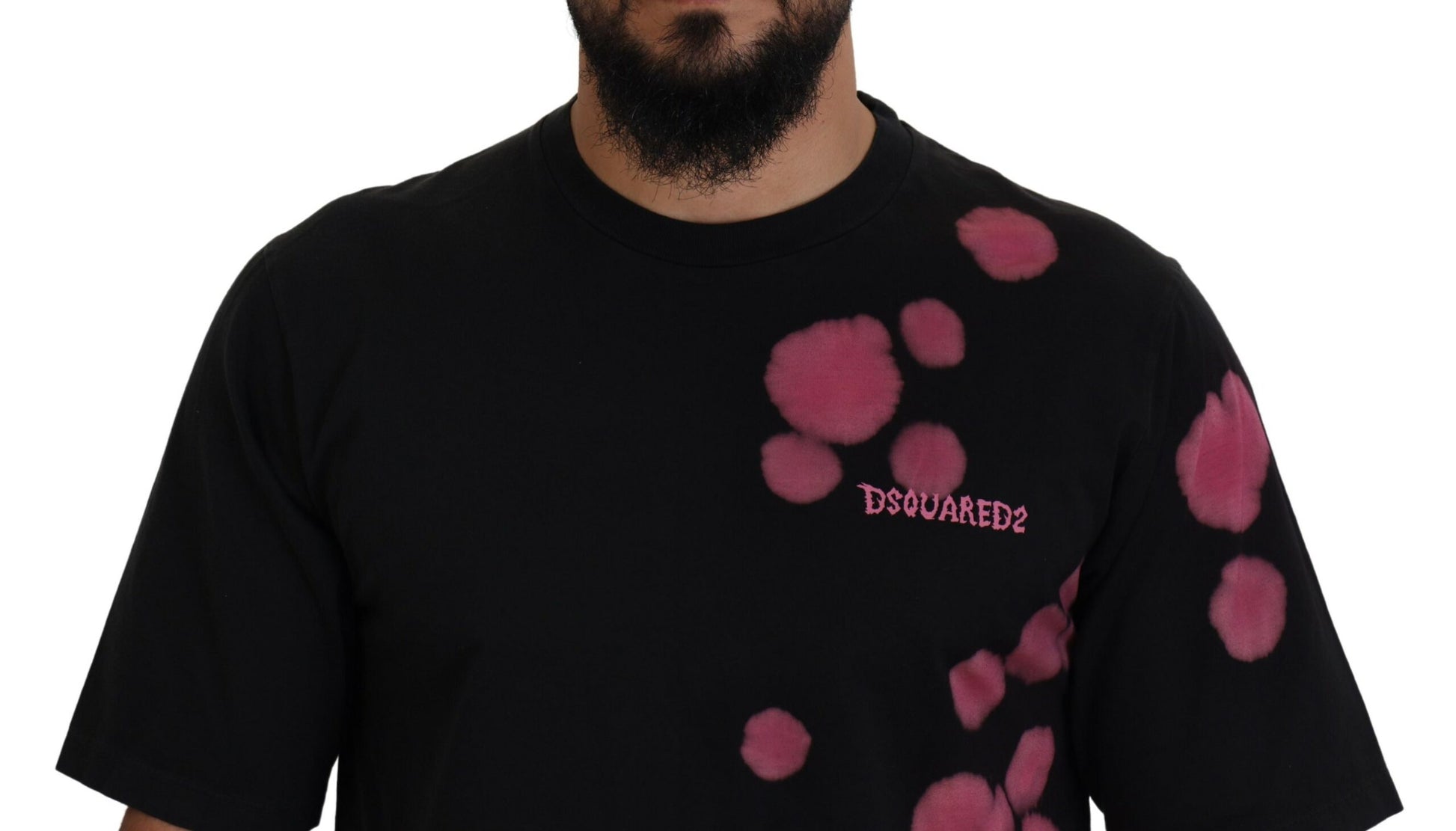Black t-shirt with pink spots on front