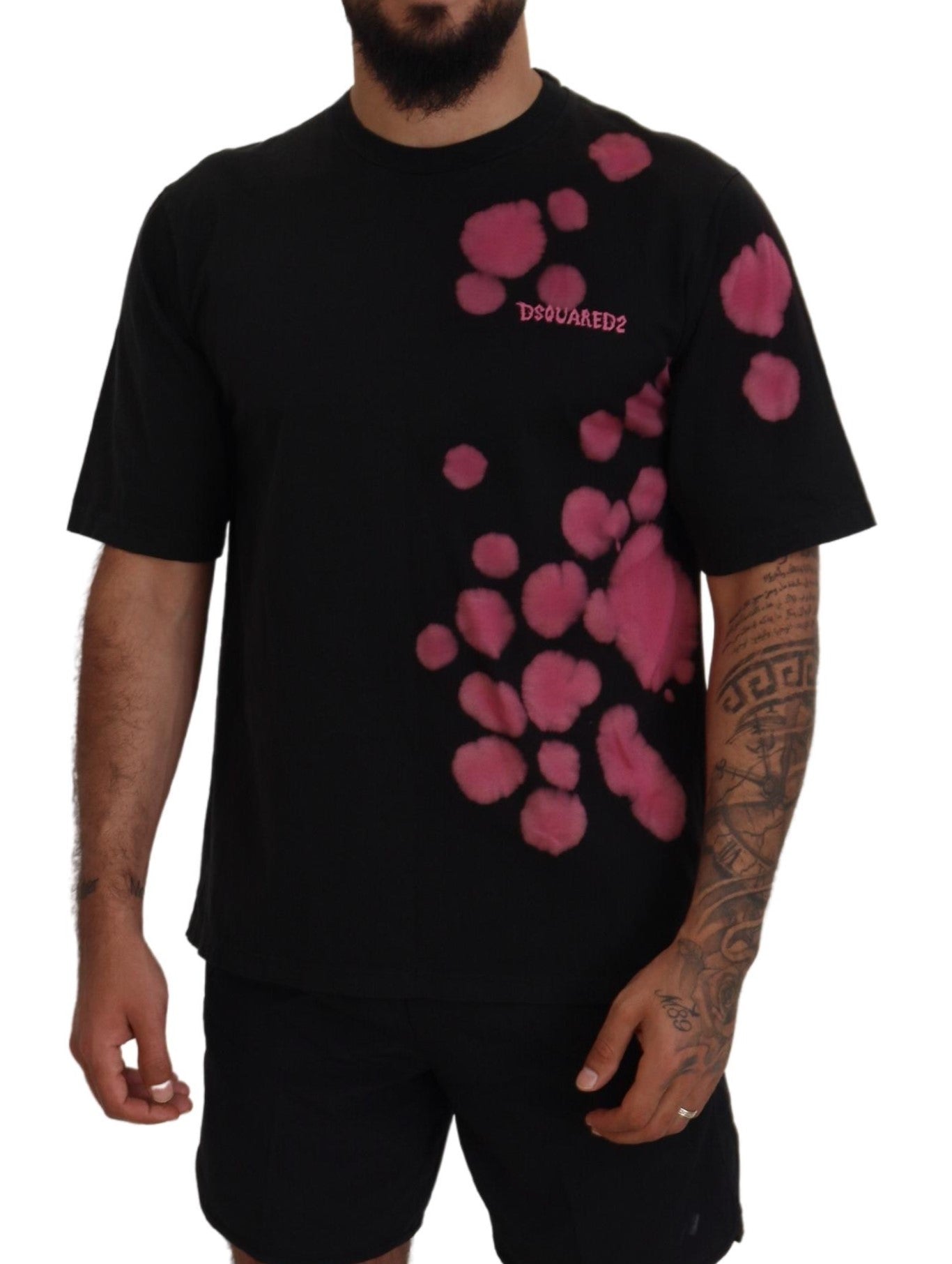 Black t-shirt with pink spots on front
