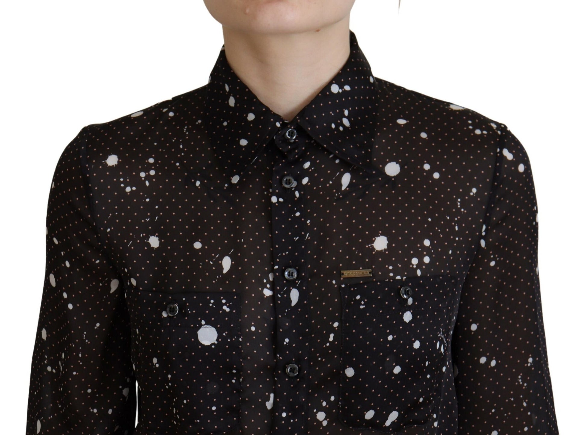 A black polka dot long sleeve button down dress from the brand Dsquared²