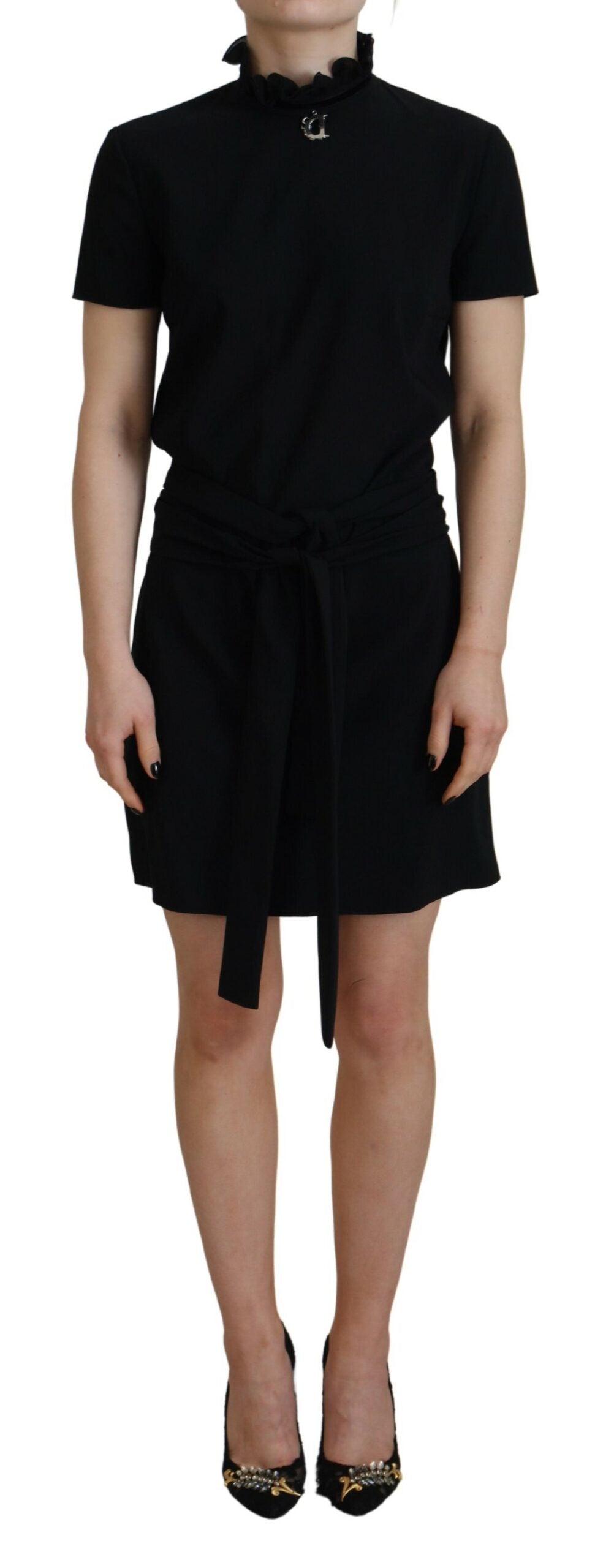 A black polyester short sleeve sheath mini dress with a high neckline and belted waist