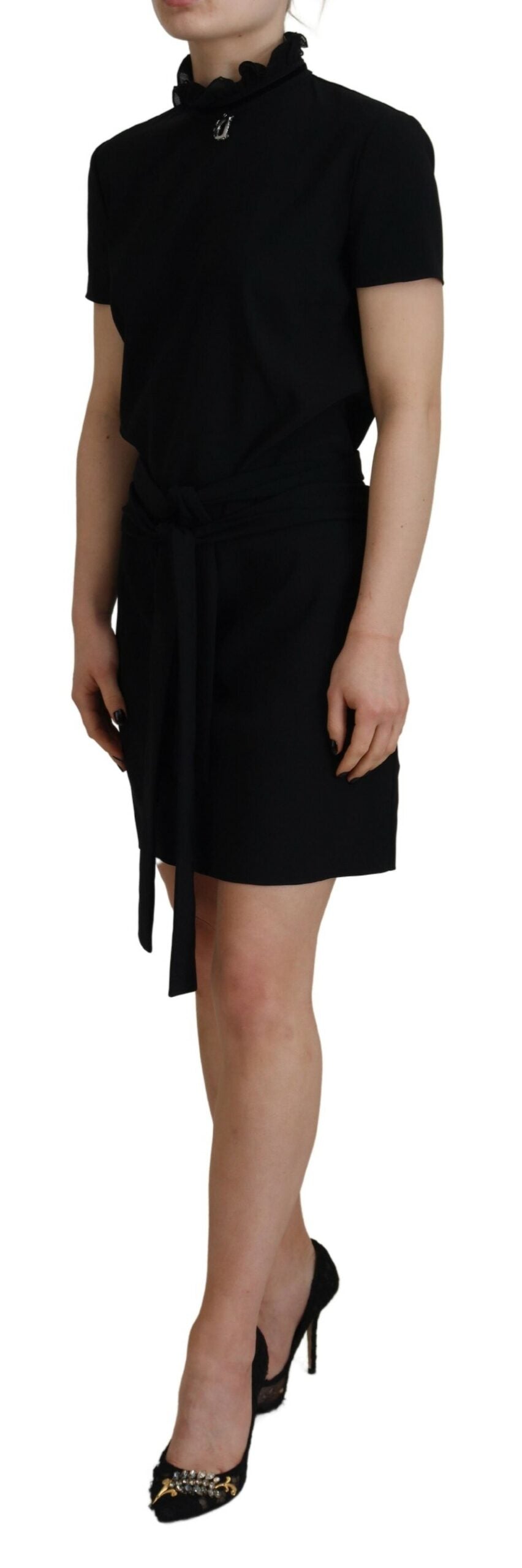 A black polyester sheath dress with short sleeves and a mini length, worn by a mannequin