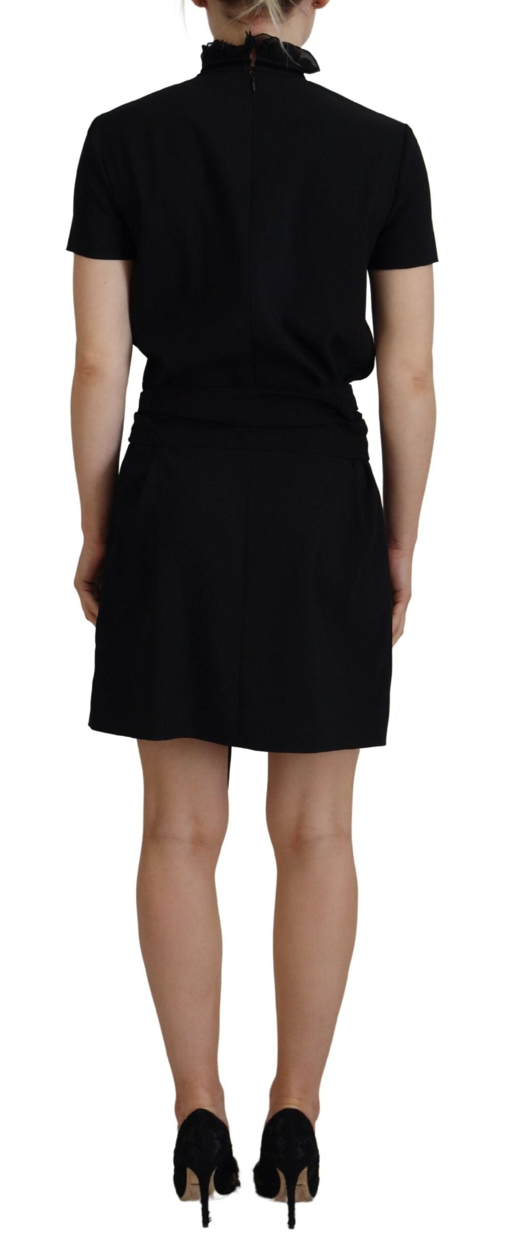 A black polyester sheath dress with short sleeves and a mini length, designed by Dsquared²