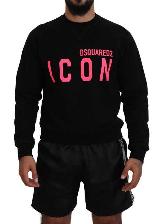 Man wearing black sweatshirt with pink lettering