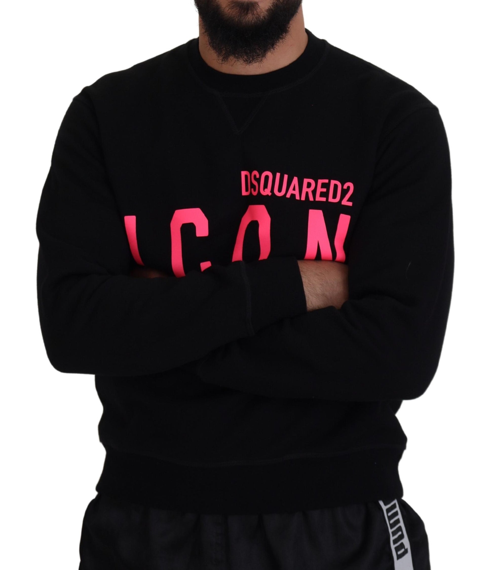 Man wearing black sweatshirt with pink letters