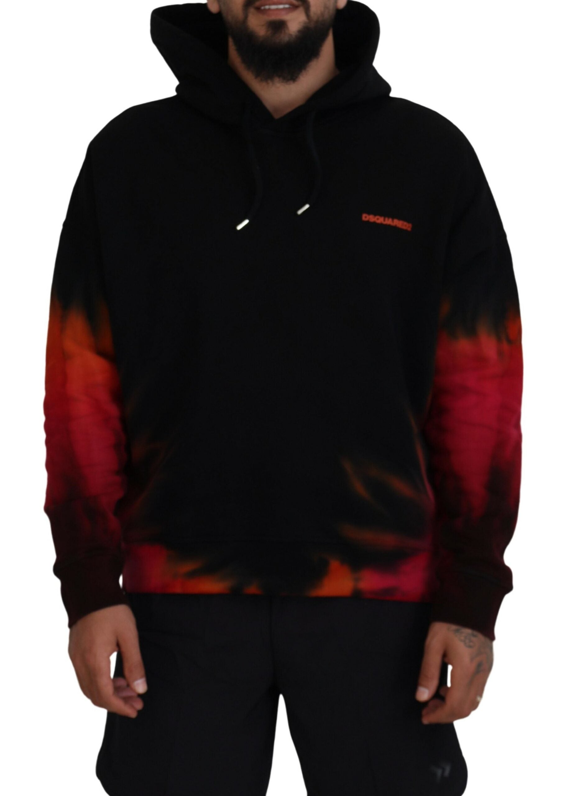 Man wearing black hoodie with red and orange tie dye design