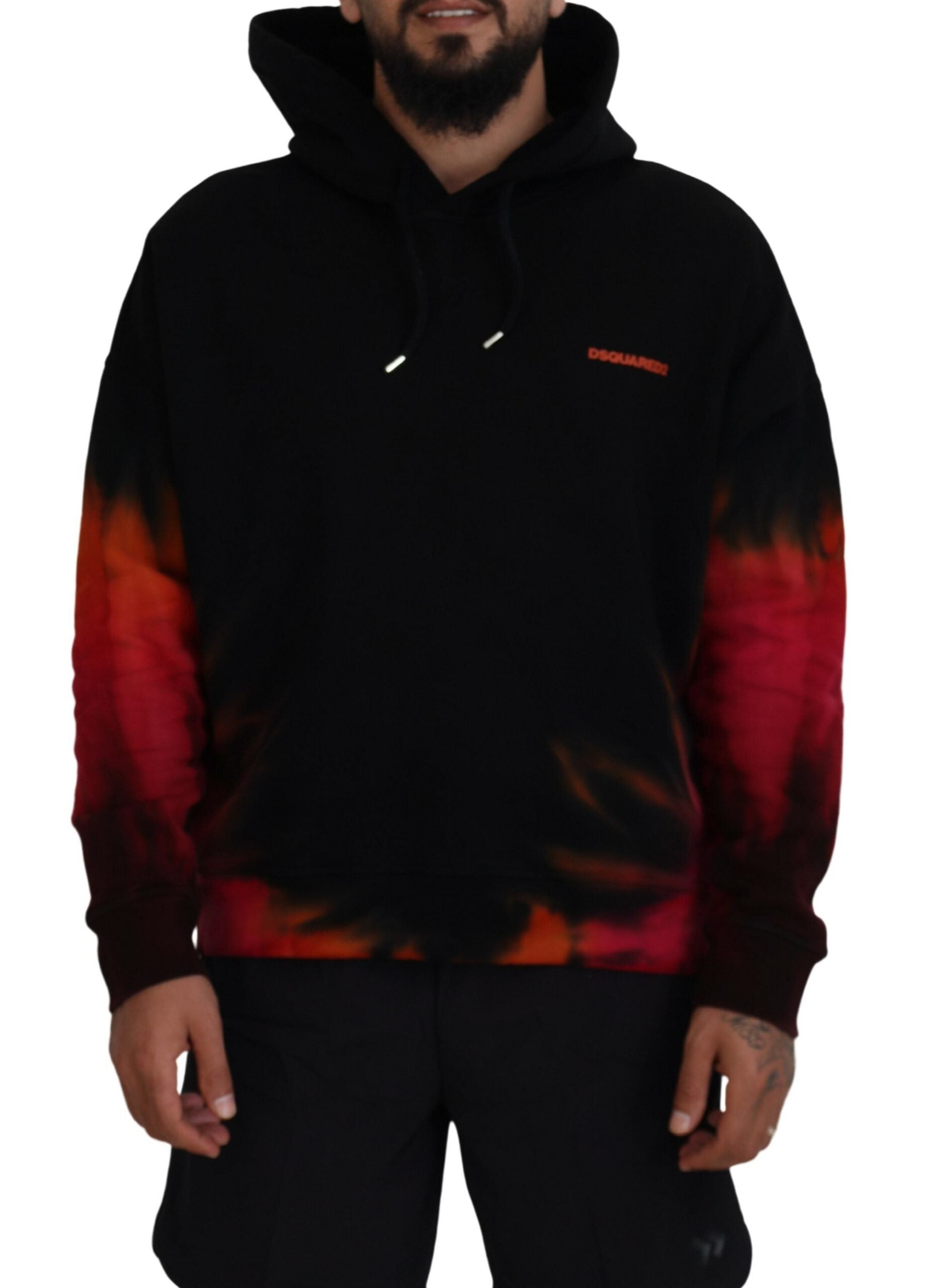 Man wearing black hoodie with red and orange tie dye design