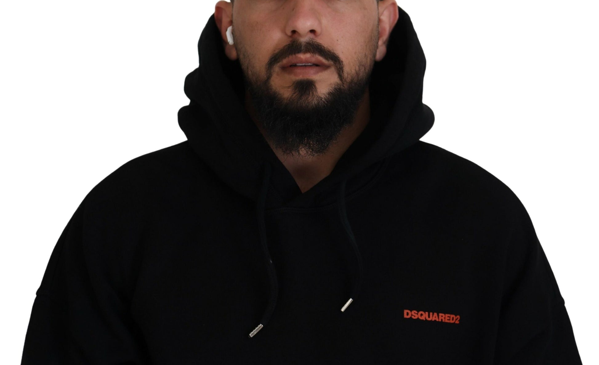 Man wearing black hoodie with red logo