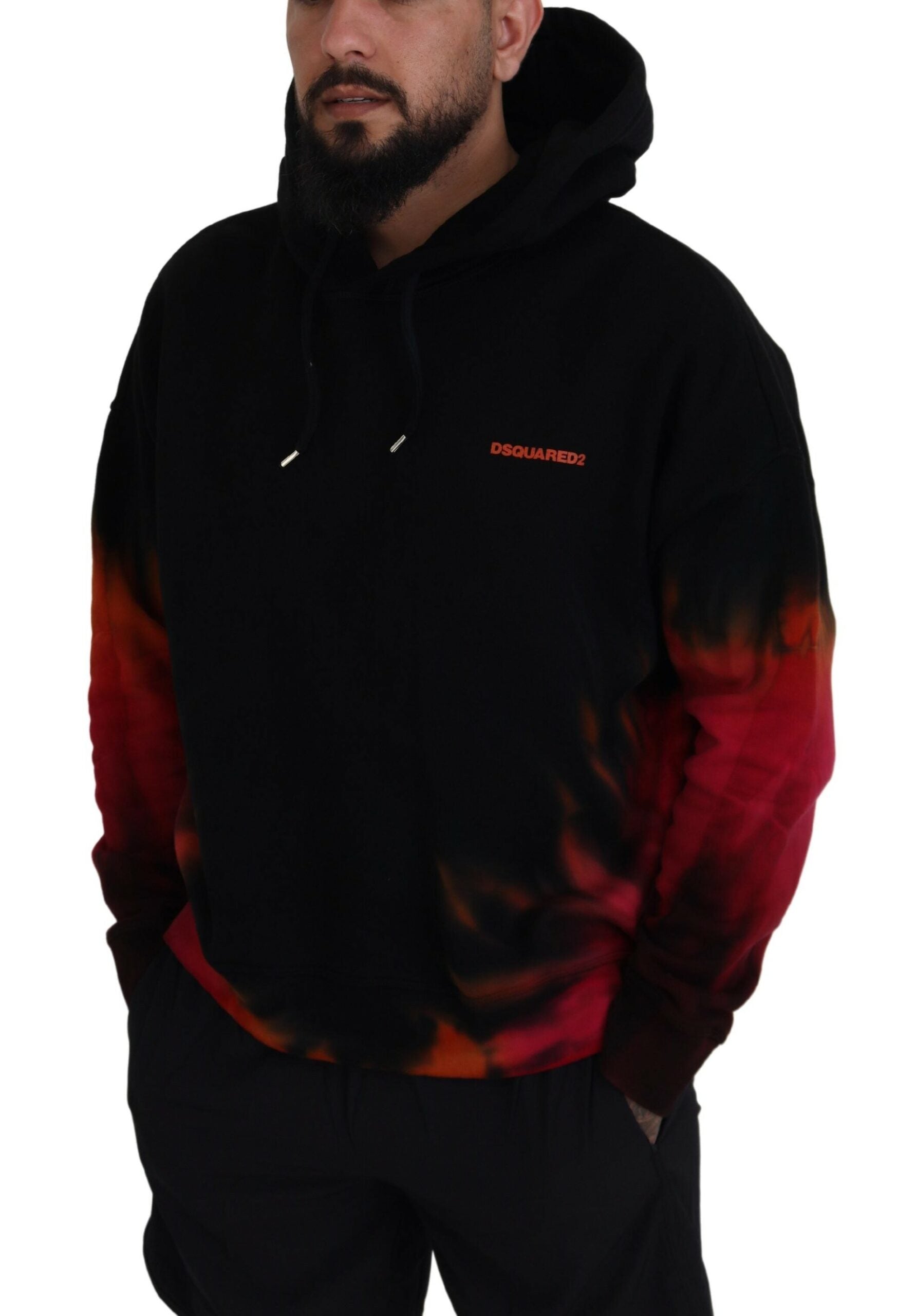 Man wearing black hoodie with red flame design