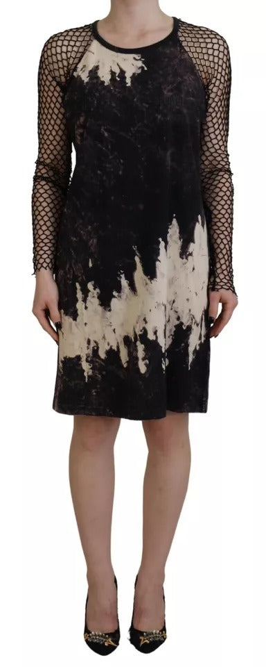 A black tie dye mesh long sleeve cotton shift dress with a high neckline