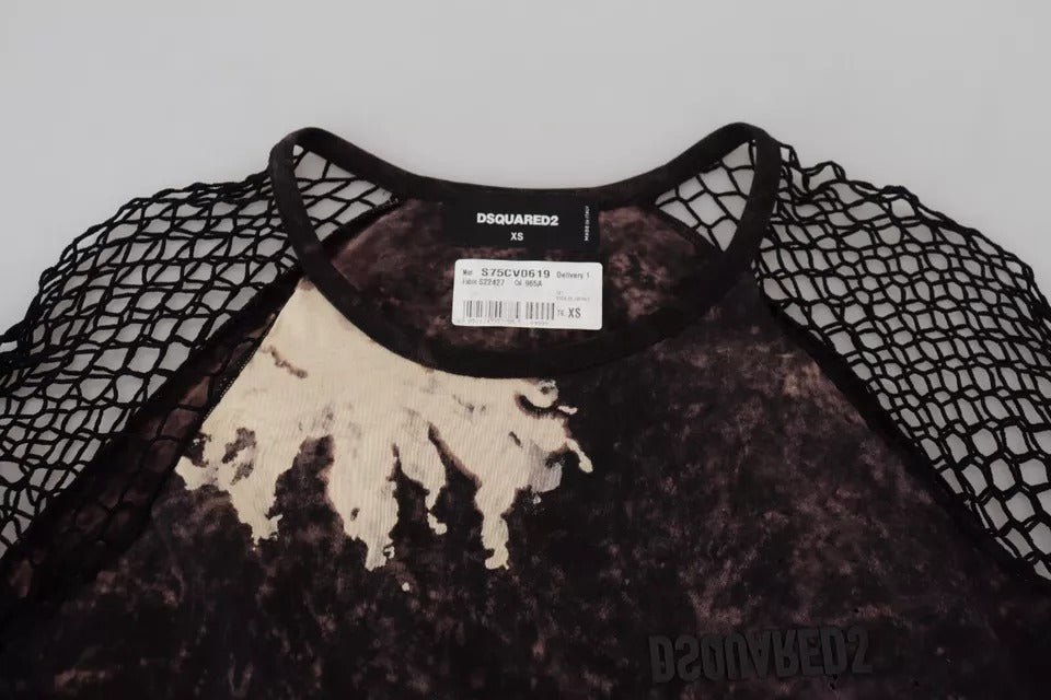 A black tie dye mesh long sleeve cotton shift dress with a label
