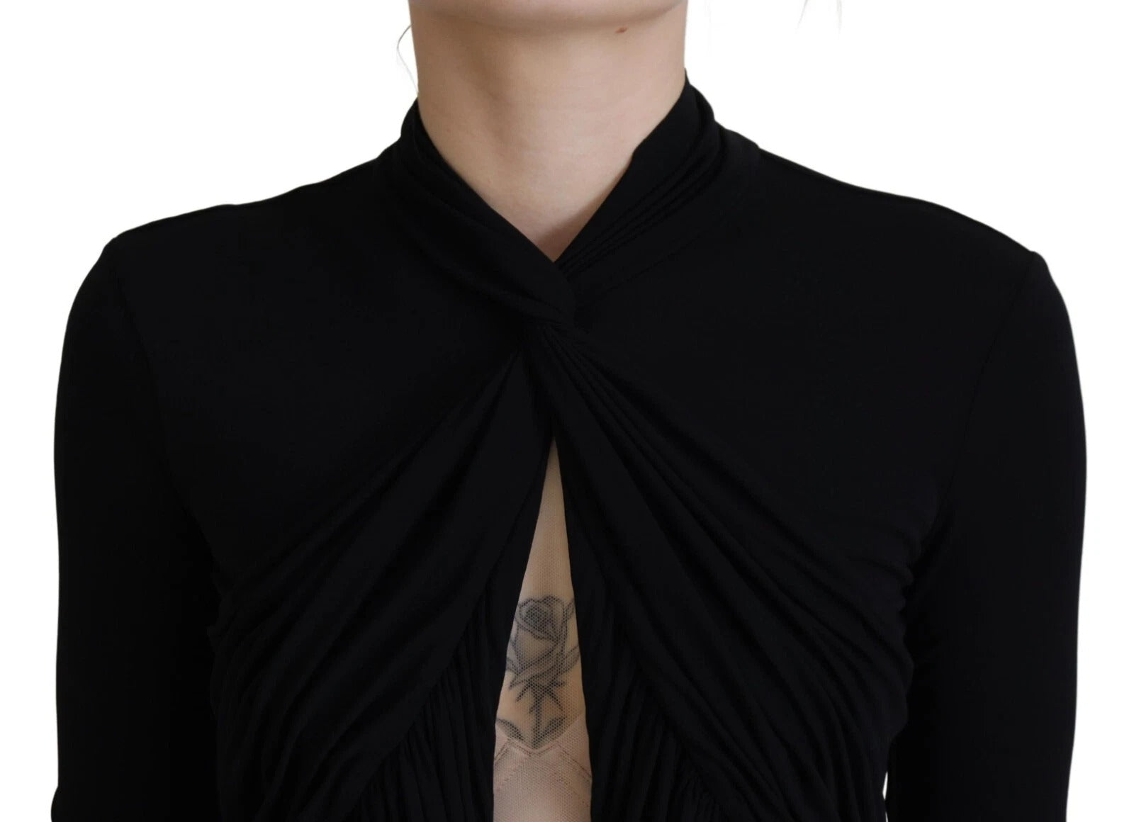 A black viscose long sleeve dress with a cut out neckline and ruffled detailing