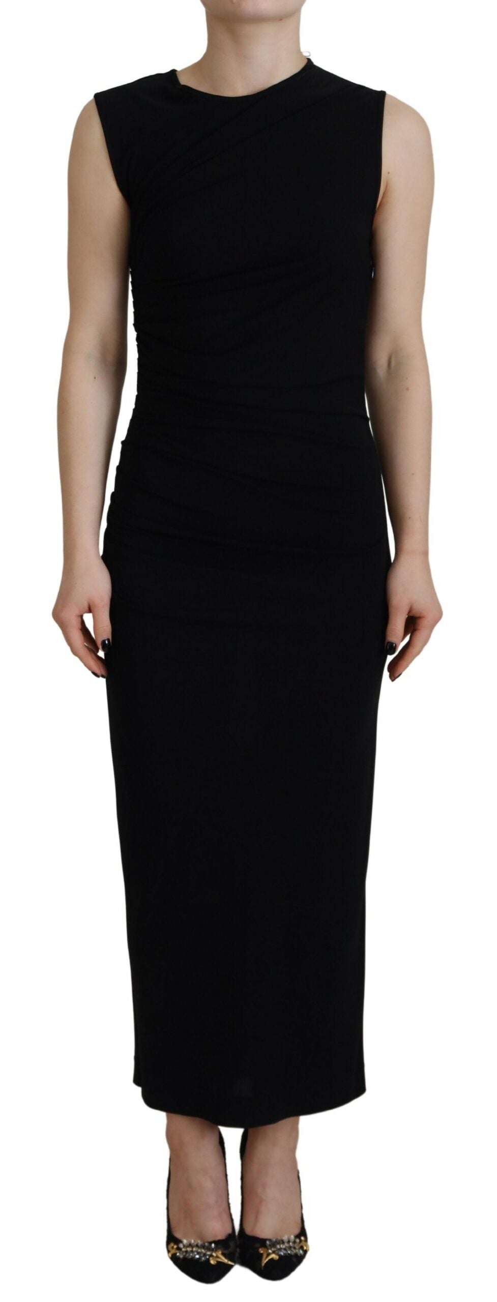 A black sleeveless ruched maxi dress made of viscose
