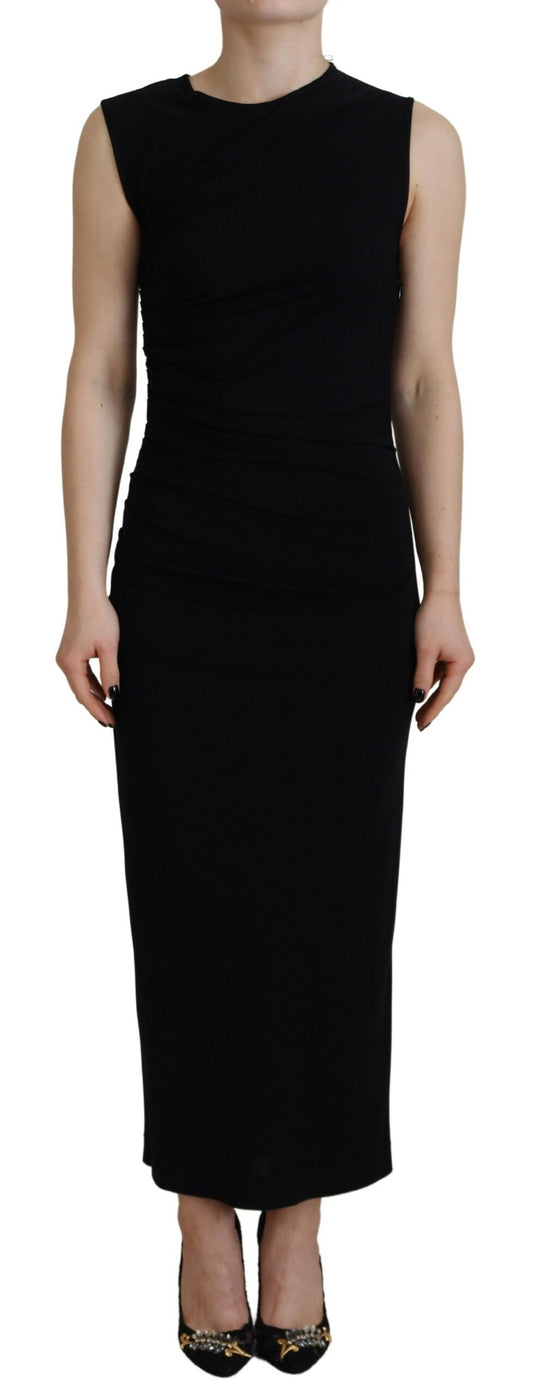 A black sleeveless ruched maxi dress made of viscose