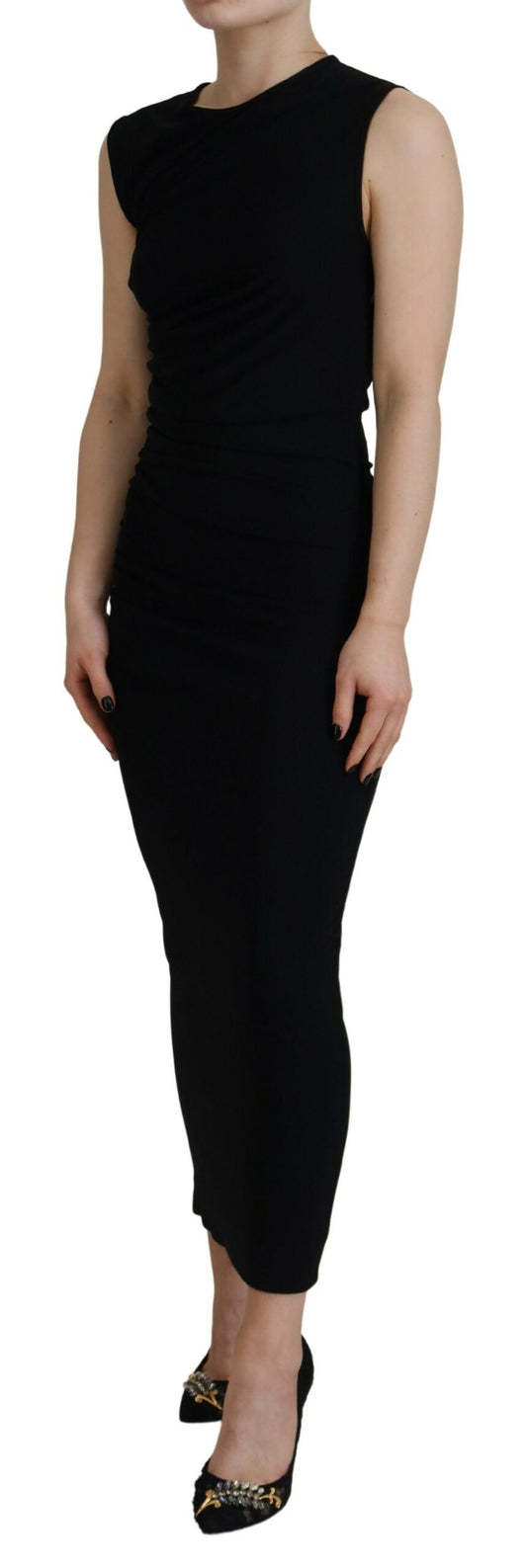 A black sleeveless ruched maxi dress with a high neckline
